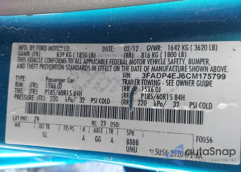 2012 Ford Fiesta Se z USA, uszkodzony, nr VIN 3FADP4EJ6CM175799